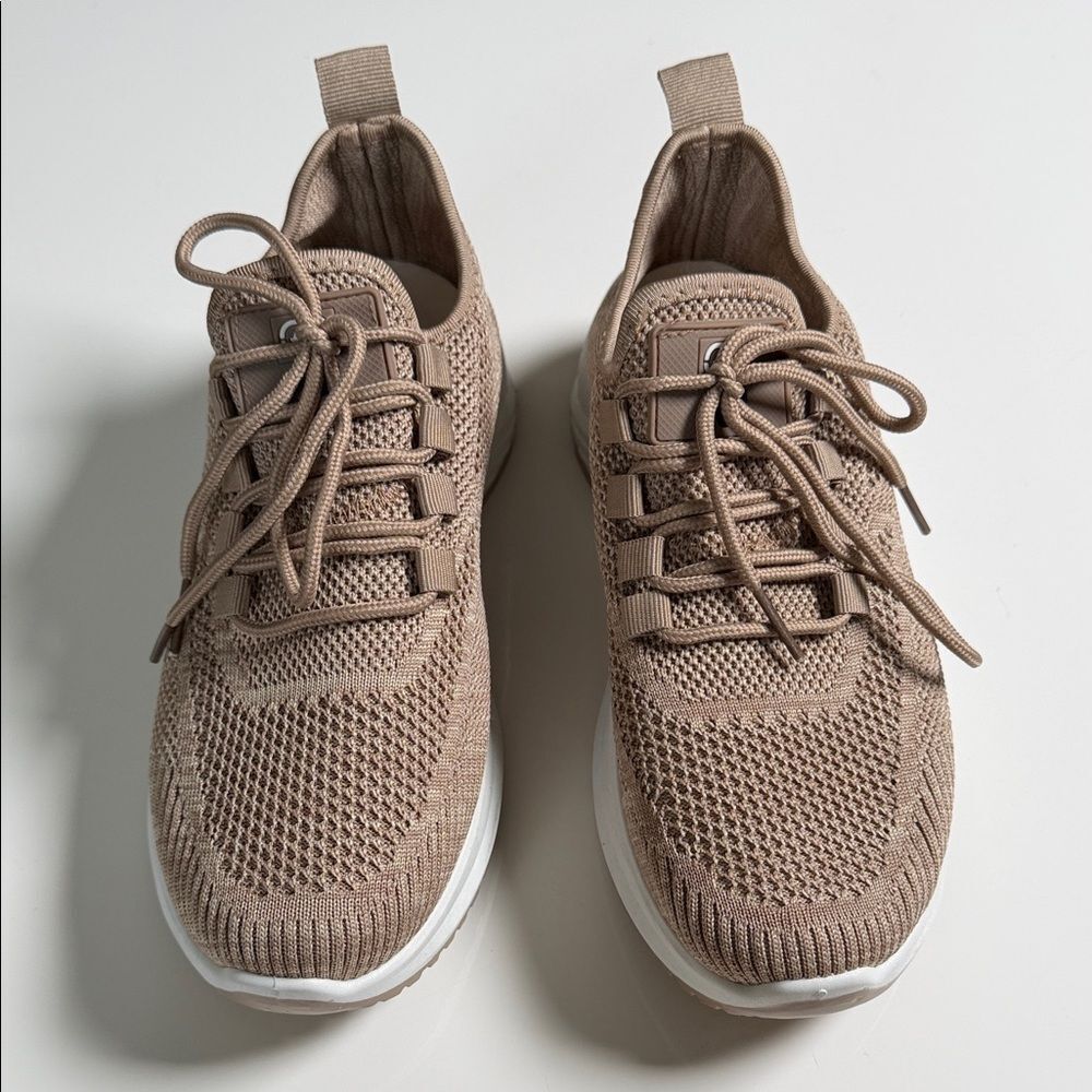 Neutral Knit Lace-Up Sneakers in Taupe